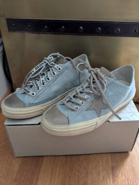 Golden Goose Light Blue and Taupe Canvas Superstar Sneakers